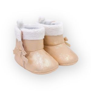 new Carter’s ❤︎ Bow Baby Faux Fur Trim Booties ❤︎ Glittery Rose Gold ❤︎ 3 - 6 Mo